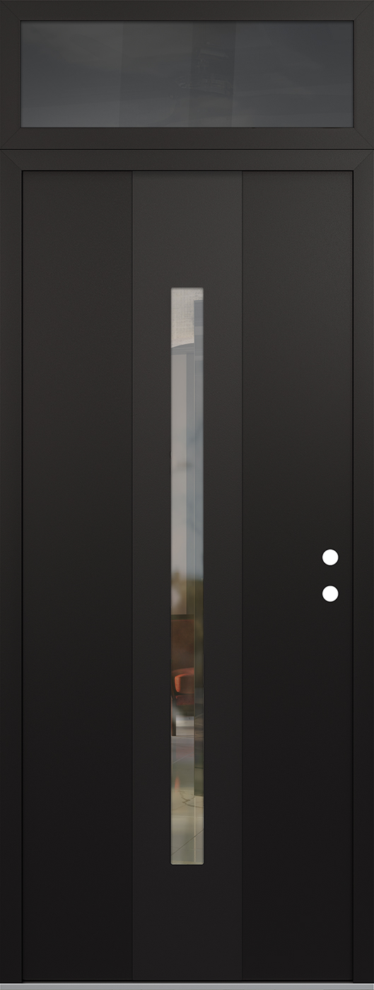 Modern Steel Front Door DIAMOND A2 36" X 96" BLACK/BLACK CLEAR GLASS PANEL BLACK LHI WITH TRANSOM MIRRORED GLASS
