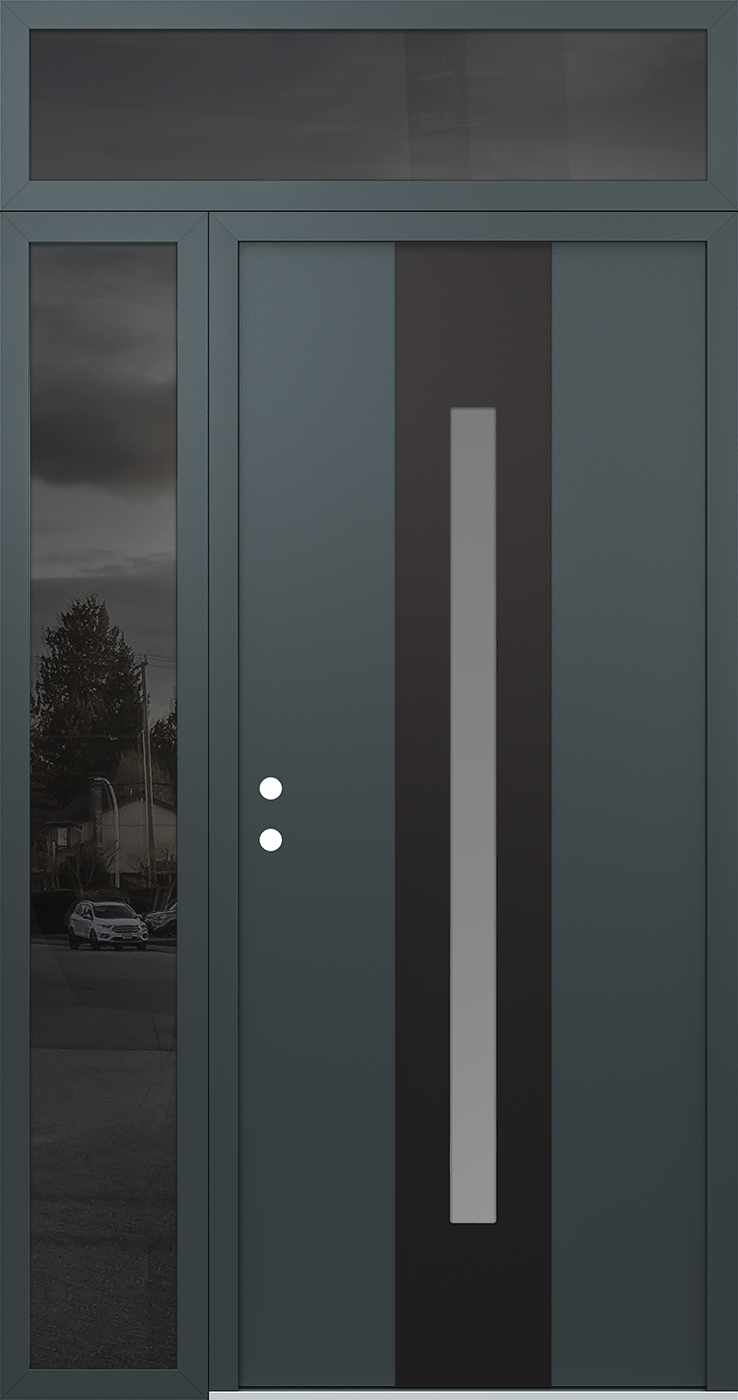 Modern Steel Front Door DIAMOND A2 48" X 96" ANTHRACITE/ANTHRACITE FROSTED GLASS PANEL BLACK RHI WITH SIDELITE AND TRANSOM FROSTED GLASS