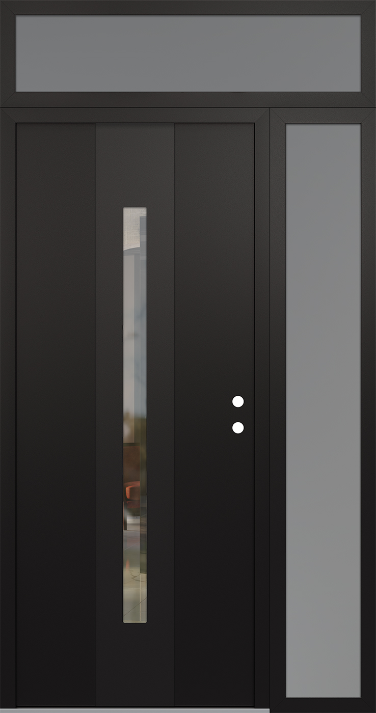 Modern Steel Front Door DIAMOND A2 48" X 96" BLACK/BLACK CLEAR GLASS PANEL BLACK LHI WITH SIDELITE AND TRANSOM CLEAR GLASS