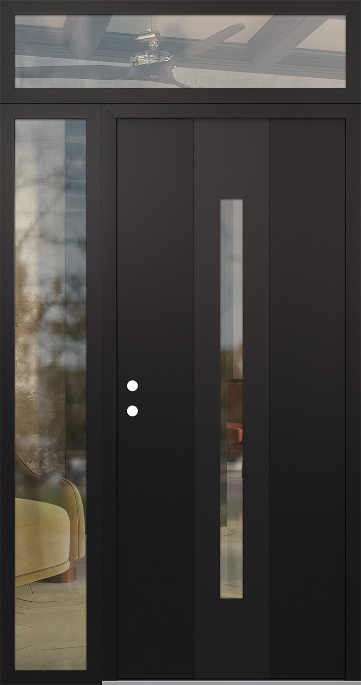 Modern Steel Front Door DIAMOND A2 48" X 96" BLACK/BLACK CLEAR GLASS PANEL BLACK RHI WITH SIDELITE AND TRANSOM FROSTED GLASS