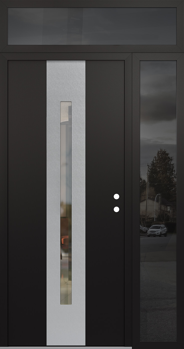 Modern Steel Front Door DIAMOND A2 48" X 96" BLACK/BLACK CLEAR GLASS PANEL STAINLESS STEEL LHI WITH SIDELITE AND TRANSOM FROSTED GLASS