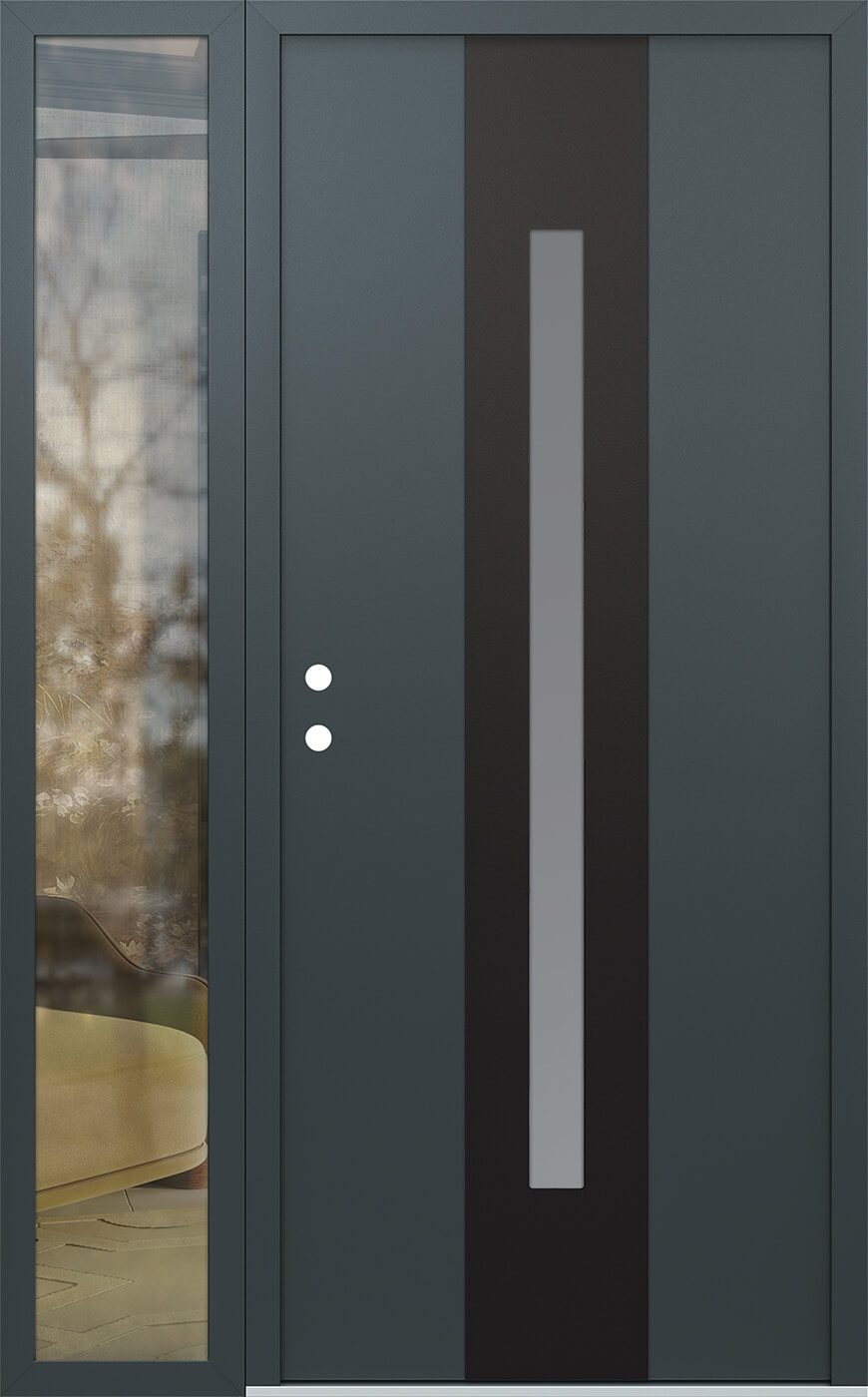 Modern Steel Front Door DIAMOND A2 50" X 80" ANTHRACITE/ANTHRACITE FROSTED GLASS PANEL BLACK RHI WITH SIDELITE MIRRORED GLASS