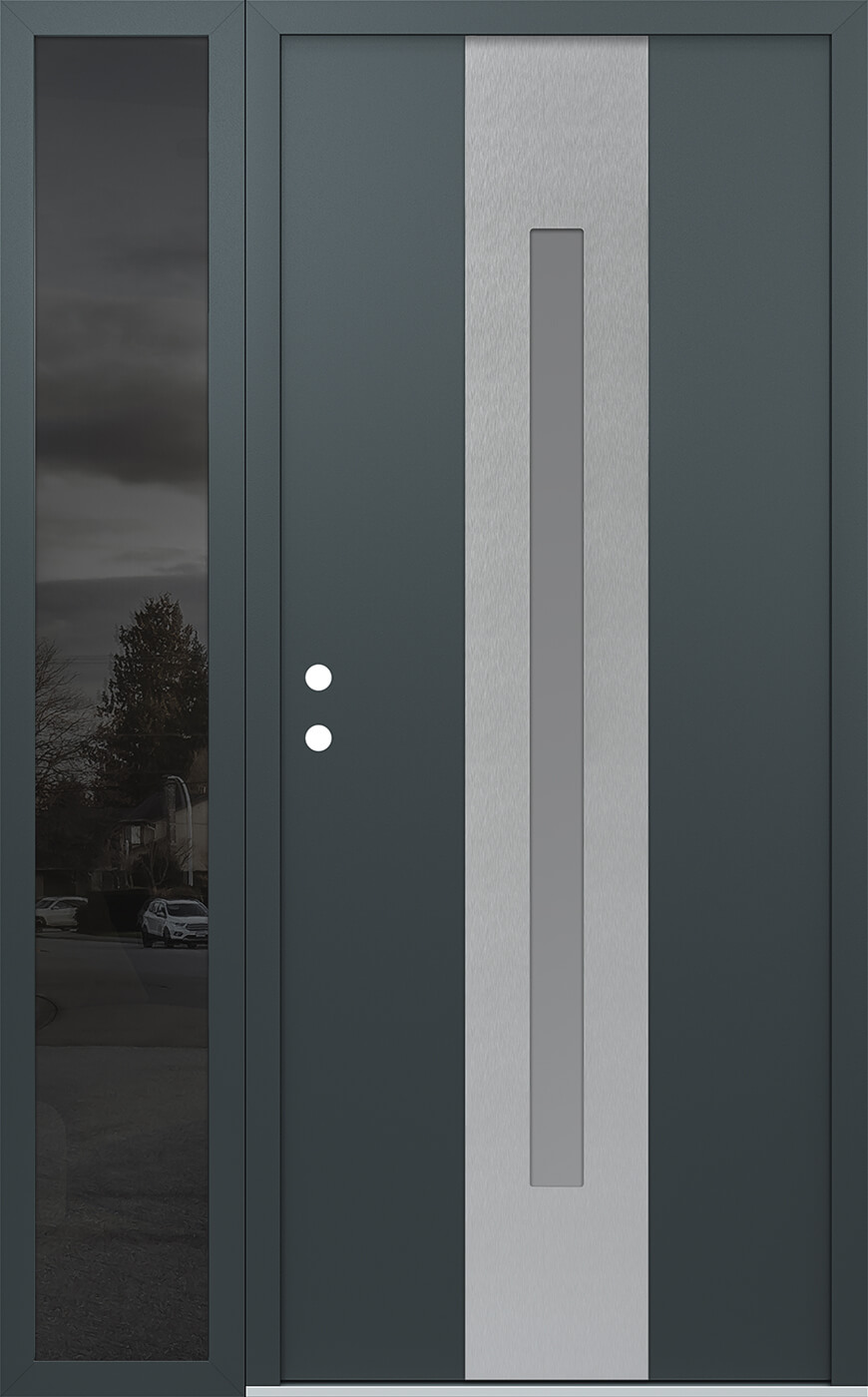 Modern Steel Front Door DIAMOND A2 50" X 80" ANTHRACITE/ANTHRACITE FROSTED GLASS PANEL STAINLESS STEEL RHI WITH SIDELITE CLEAR GLASS