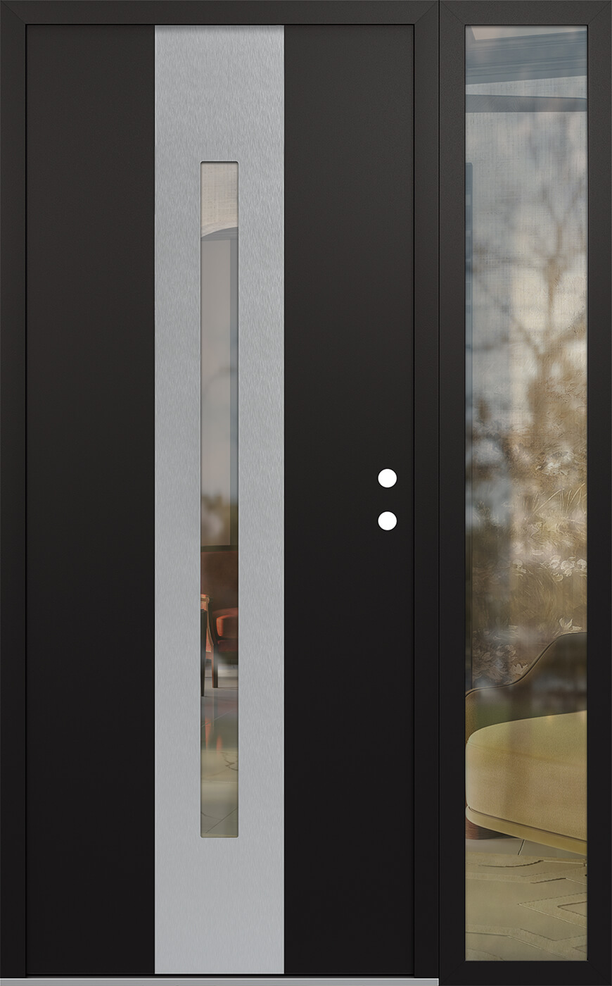 Modern Steel Front Door DIAMOND A2 50" X 80" BLACK/BLACK CLEAR GLASS PANEL STAINLESS STEEL LHI WITH SIDELITE MIRRORED GLASS