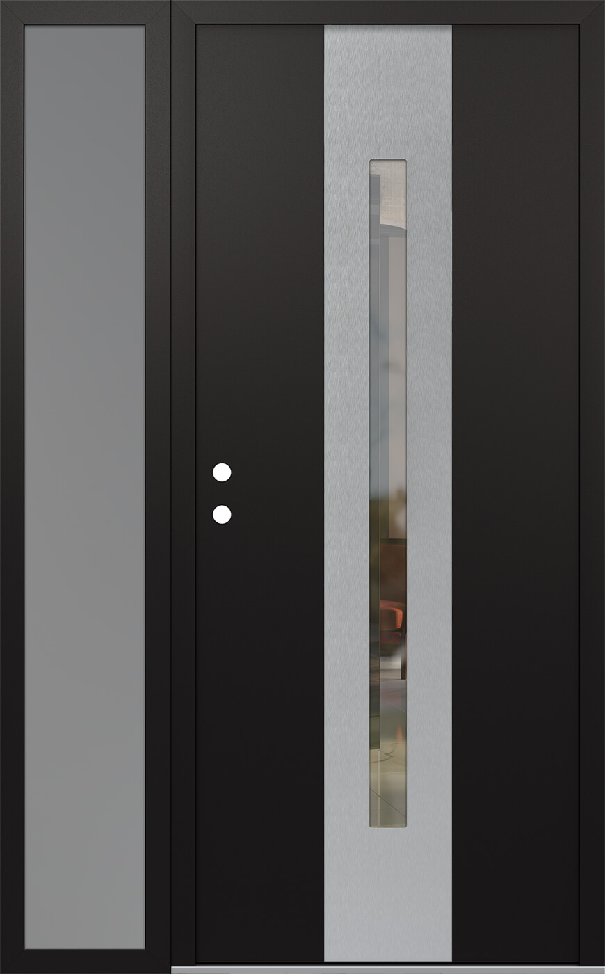 Modern Steel Front Door DIAMOND A2 50" X 80" BLACK/BLACK CLEAR GLASS PANEL STAINLESS STEEL RHI WITH SIDELITE CLEAR GLASS