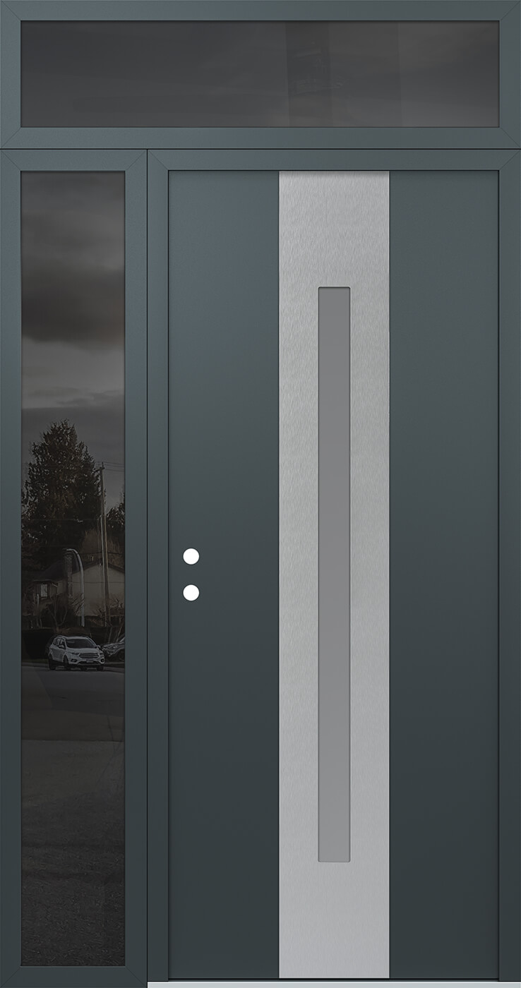 Modern Steel Front Door DIAMOND A2 50" X 96" ANTHRACITE/ANTHRACITE FROSTED GLASS PANEL STAINLESS STEEL LHI WITH SIDELITE AND TRANSOM MIRRORED GLASS