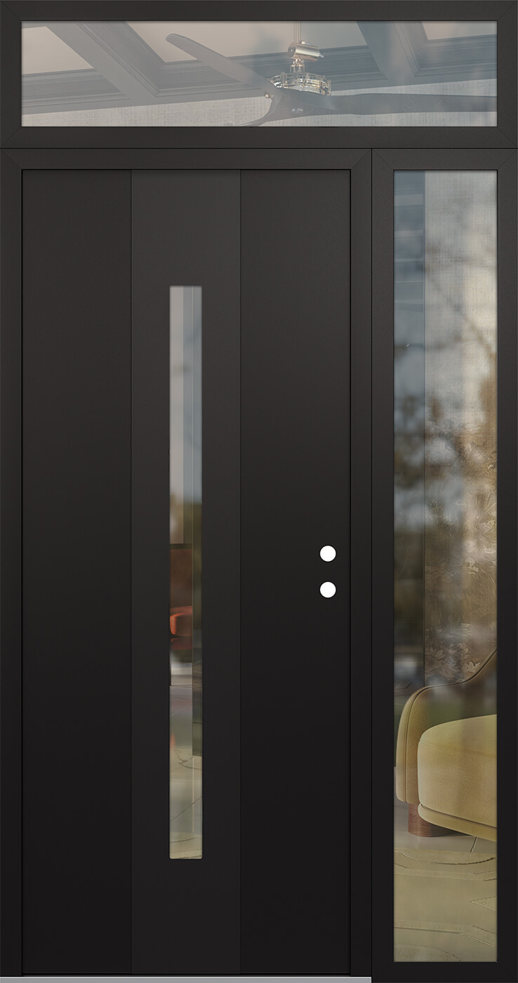 Modern Steel Front Door DIAMOND A2 50" X 96" BLACK/BLACK CLEAR GLASS PANEL BLACK LHI WITH SIDELITE AND TRANSOM FROSTED GLASS