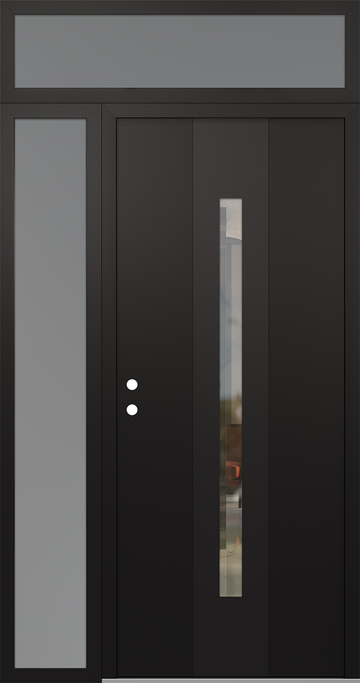 Modern Steel Front Door DIAMOND A2 50" X 96" BLACK/BLACK CLEAR GLASS PANEL BLACK RHI WITH SIDELITE AND TRANSOM MIRRORED GLASS