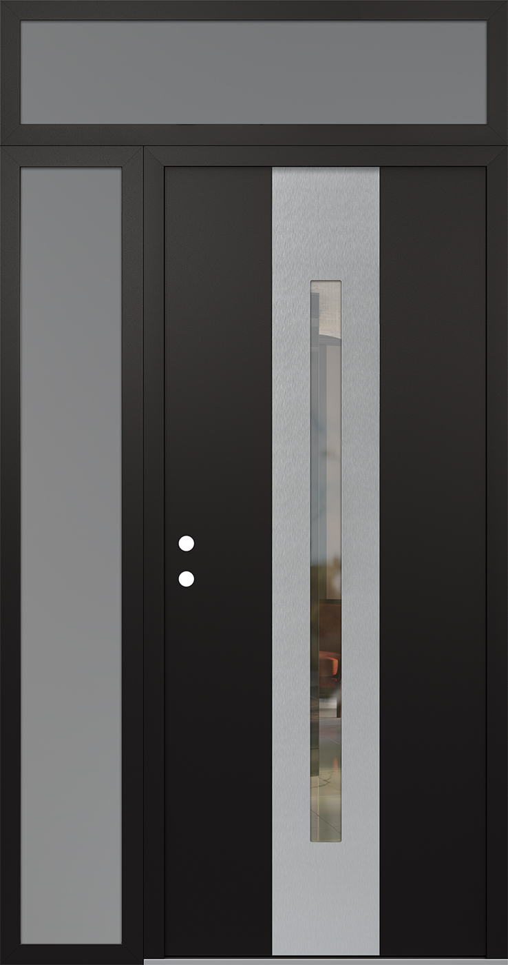 Modern Steel Front Door DIAMOND A2 50" X 96" BLACK/BLACK CLEAR GLASS PANEL STAINLESS STEEL RHI WITH SIDELITE AND TRANSOM MIRRORED GLASS