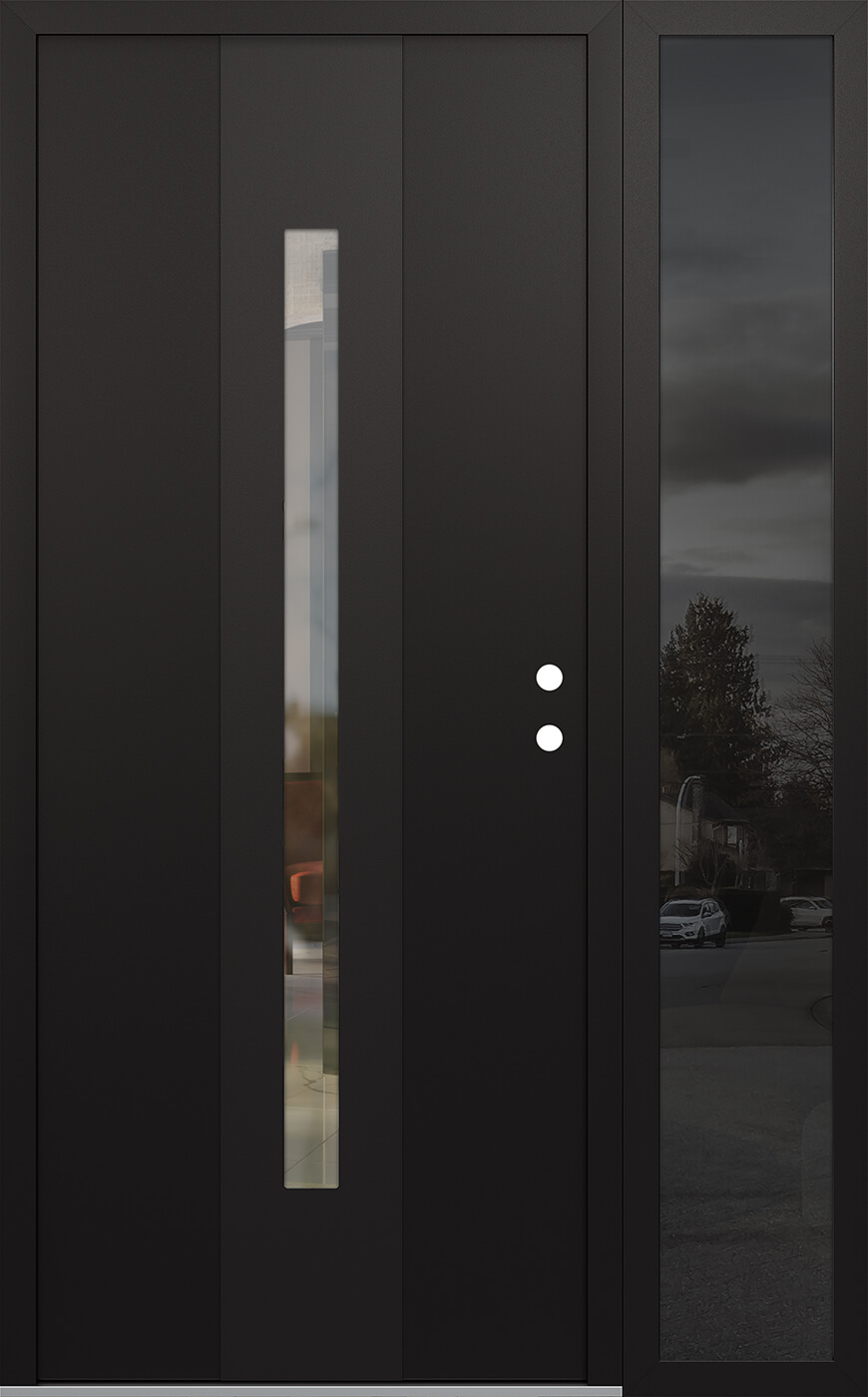 Modern Steel Front Door DIAMOND A2 52" X 80" BLACK/BLACK CLEAR GLASS PANEL BLACK LHI WITH SIDELITE MIRRORED GLASS