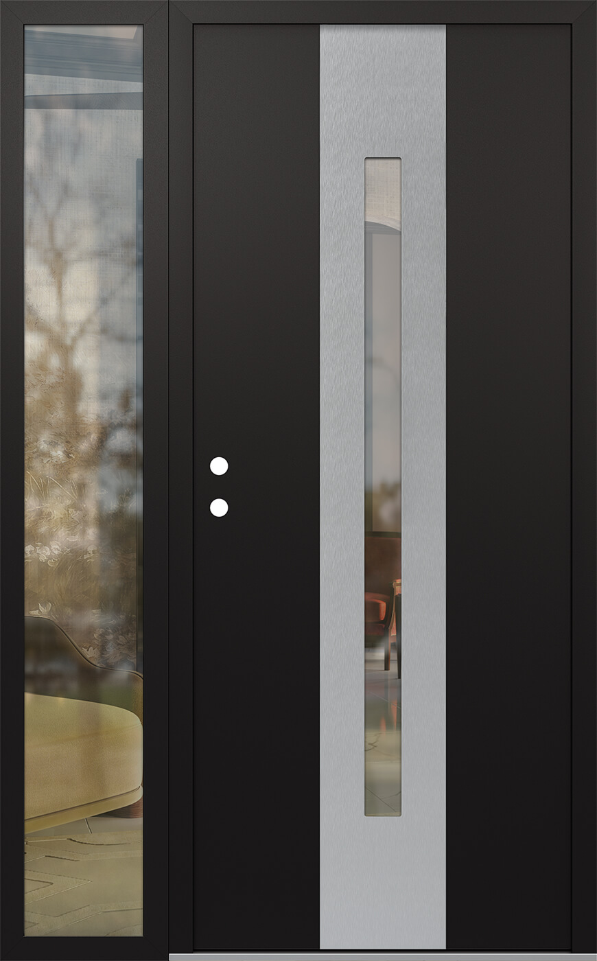 Modern Steel Front Door DIAMOND A2 52" X 80" BLACK/BLACK CLEAR GLASS PANEL STAINLESS STEEL RHI WITH SIDELITE FROSTED GLASS