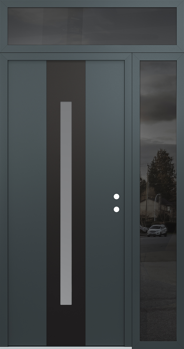Modern Steel Front Door DIAMOND A2 52" X 96" ANTHRACITE/ANTHRACITE FROSTED GLASS PANEL BLACK LHI WITH SIDELITE AND TRANSOM CLEAR GLASS