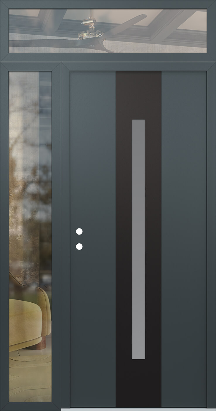 Modern Steel Front Door DIAMOND A2 52" X 96" ANTHRACITE/ANTHRACITE FROSTED GLASS PANEL BLACK RHI WITH SIDELITE AND TRANSOM MIRRORED GLASS