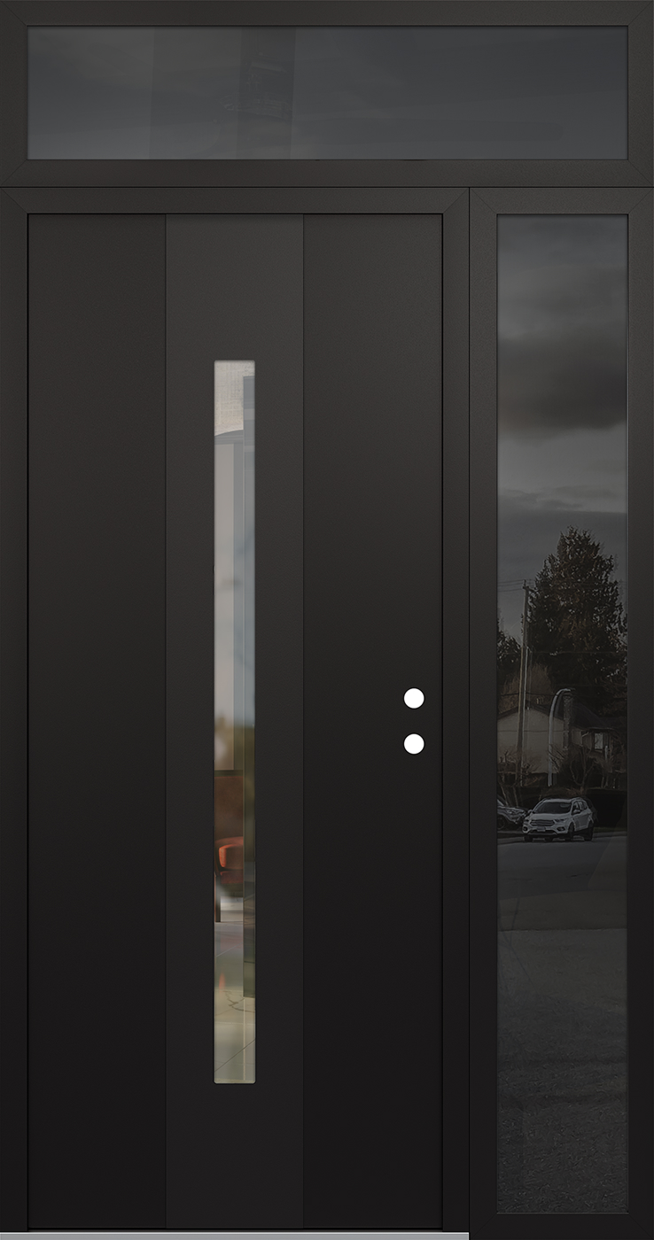 Modern Steel Front Door DIAMOND A2 52" X 96" BLACK/BLACK CLEAR GLASS PANEL BLACK LHI WITH SIDELITE AND TRANSOM FROSTED GLASS