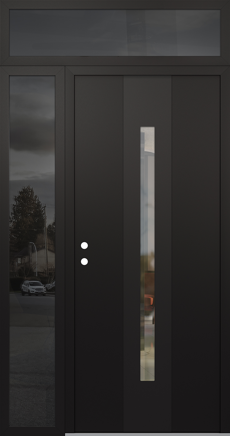 Modern Steel Front Door DIAMOND A2 52" X 96" BLACK/BLACK CLEAR GLASS PANEL BLACK RHI WITH SIDELITE AND TRANSOM CLEAR GLASS