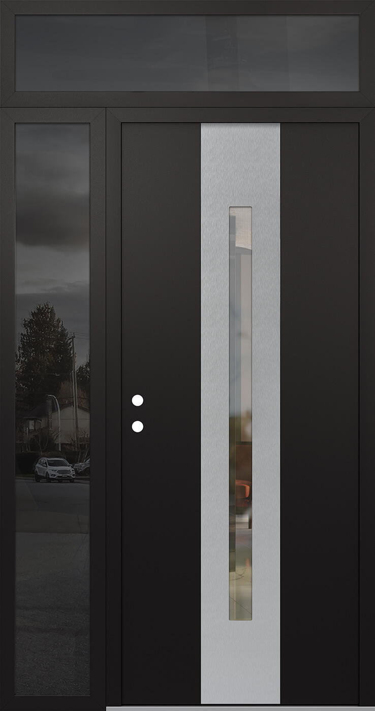 Modern Steel Front Door DIAMOND A2 52" X 96" BLACK/BLACK CLEAR GLASS PANEL STAINLESS STEEL RHI WITH SIDELITE AND TRANSOM FROSTED GLASS