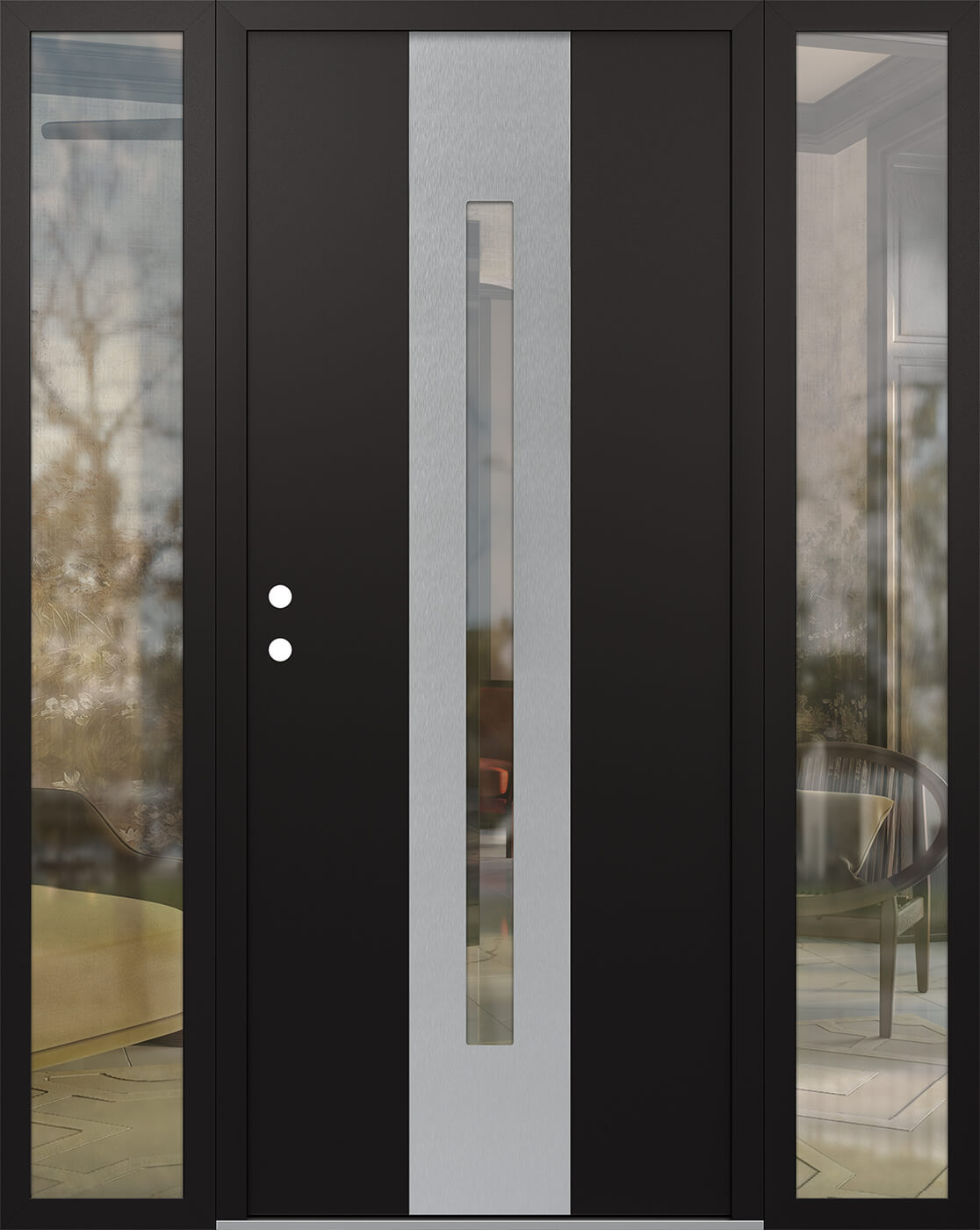 Modern Steel Front Door DIAMOND A2 60" X 80" BLACK/BLACK CLEAR GLASS PANEL STAINLESS STEEL RHI WITH 2 SIDELITES FROSTED GLASS