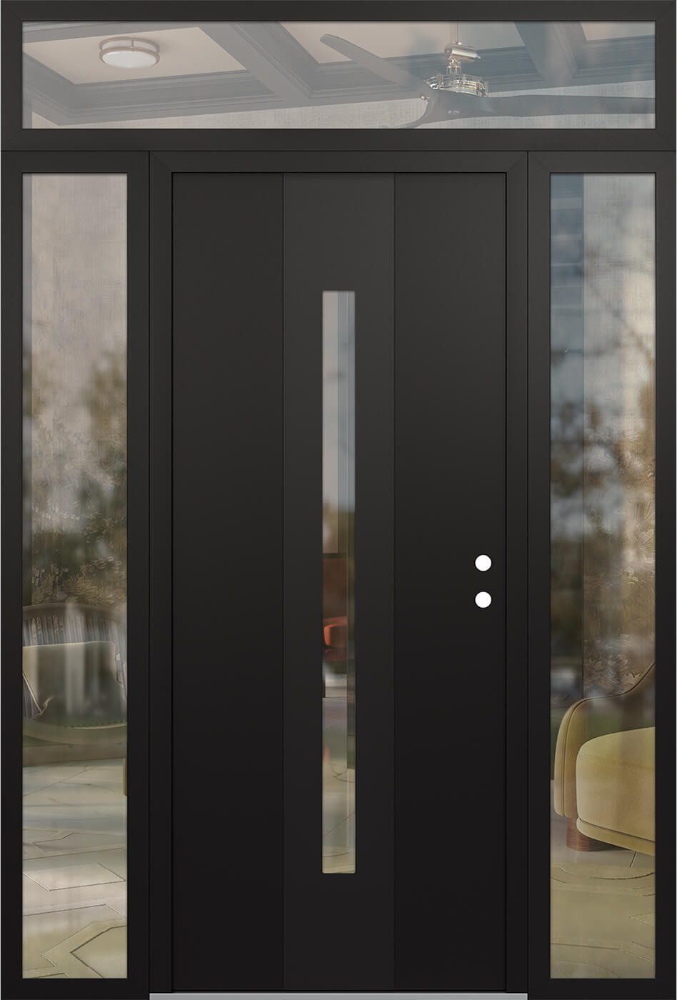 Modern Steel Front Door DIAMOND A2 60" X 96" BLACK/BLACK CLEAR GLASS PANEL BLACK LHI WITH 2 SIDELITES AND TRANSOM FROSTED GLASS