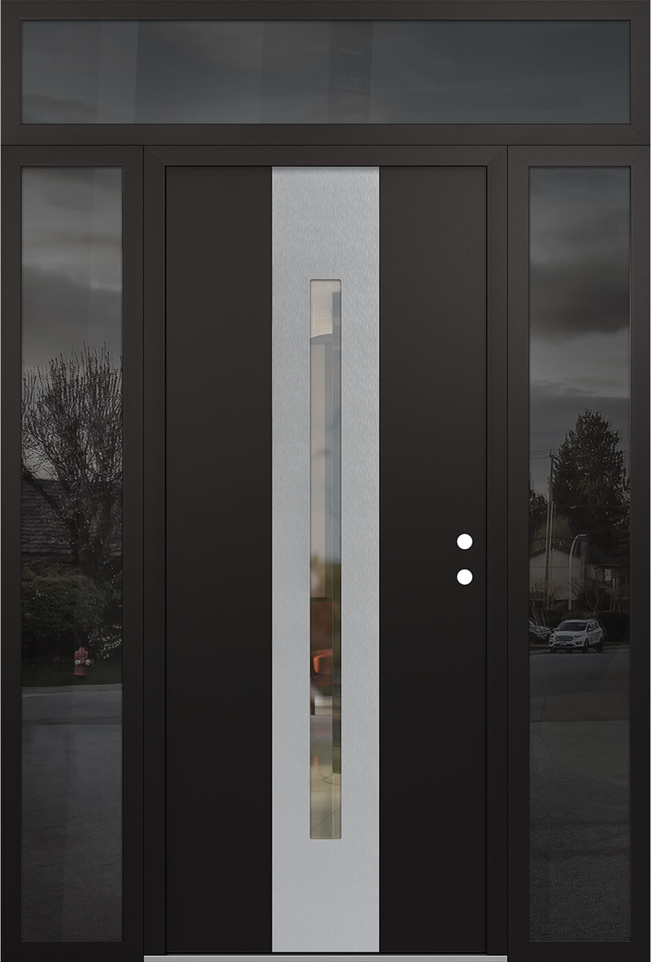 Modern Steel Front Door DIAMOND A2 60" X 96" BLACK/BLACK CLEAR GLASS PANEL STAINLESS STEEL LHI WITH 2 SIDELITES AND TRANSOM FROSTED GLASS