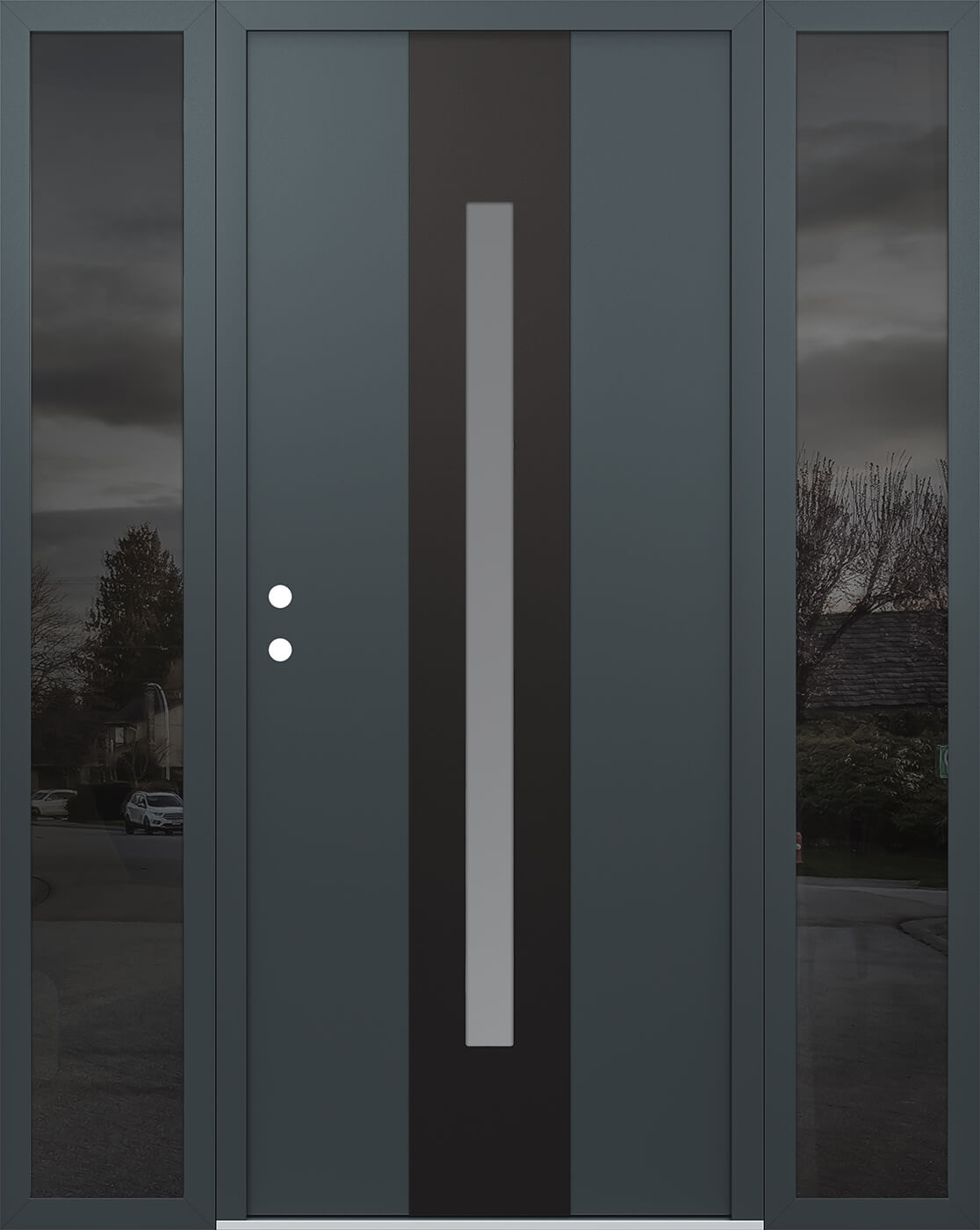 Modern Steel Front Door DIAMOND A2 64" X 80" ANTHRACITE/ANTHRACITE FROSTED GLASS PANEL BLACK RHI WITH 2 SIDELITES FROSTED GLASS