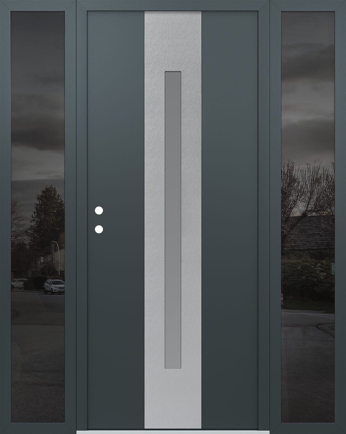 Modern Steel Front Door DIAMOND A2 64" X 80" ANTHRACITE/ANTHRACITE FROSTED GLASS PANEL STAINLESS STEEL LHI WITH 2 SIDELITES FROSTED GLASS