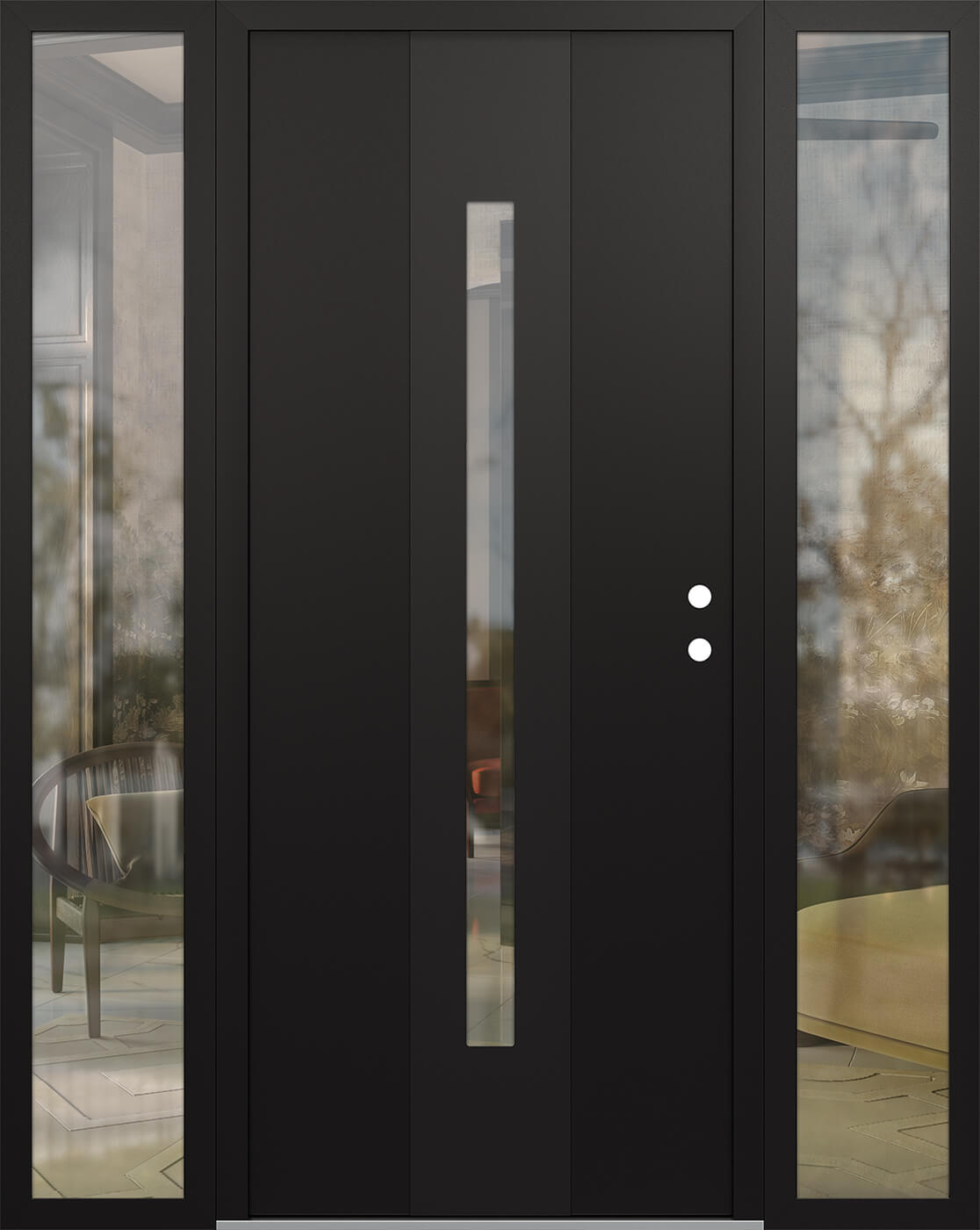 Modern Steel Front Door DIAMOND A2 64" X 80" BLACK/BLACK CLEAR GLASS PANEL BLACK LHI WITH 2 SIDELITES FROSTED GLASS