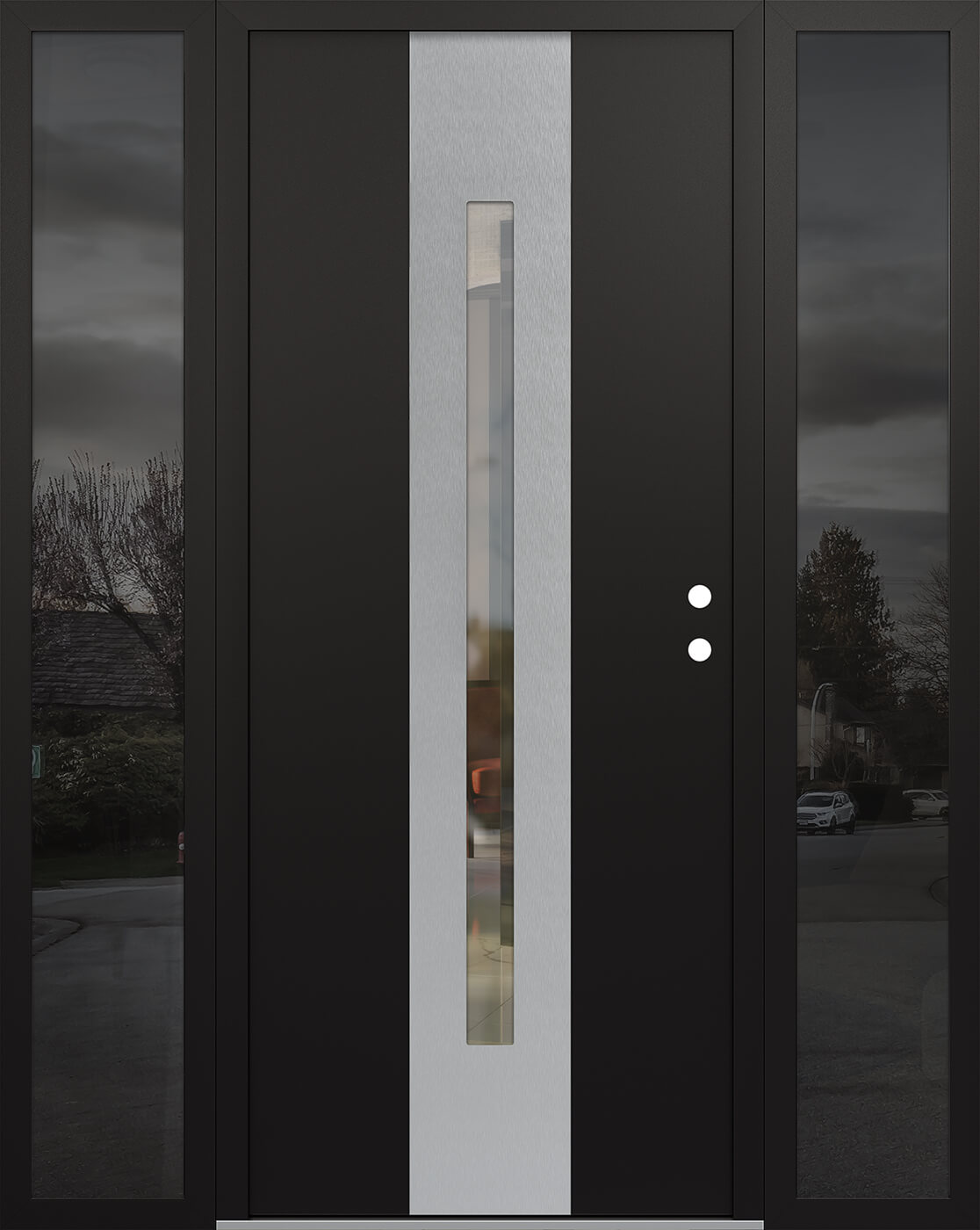 Modern Steel Front Door DIAMOND A2 64" X 80" BLACK/BLACK CLEAR GLASS PANEL STAINLESS STEEL LHI WITH 2 SIDELITES CLEAR GLASS