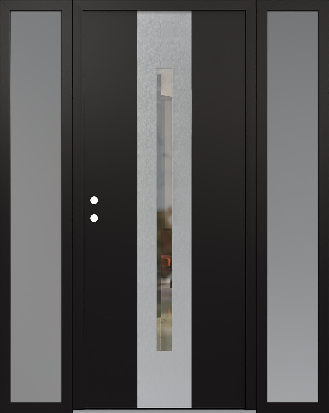 Modern Steel Front Door DIAMOND A2 64" X 80" BLACK/BLACK CLEAR GLASS PANEL STAINLESS STEEL RHI WITH 2 SIDELITES MIRRORED GLASS