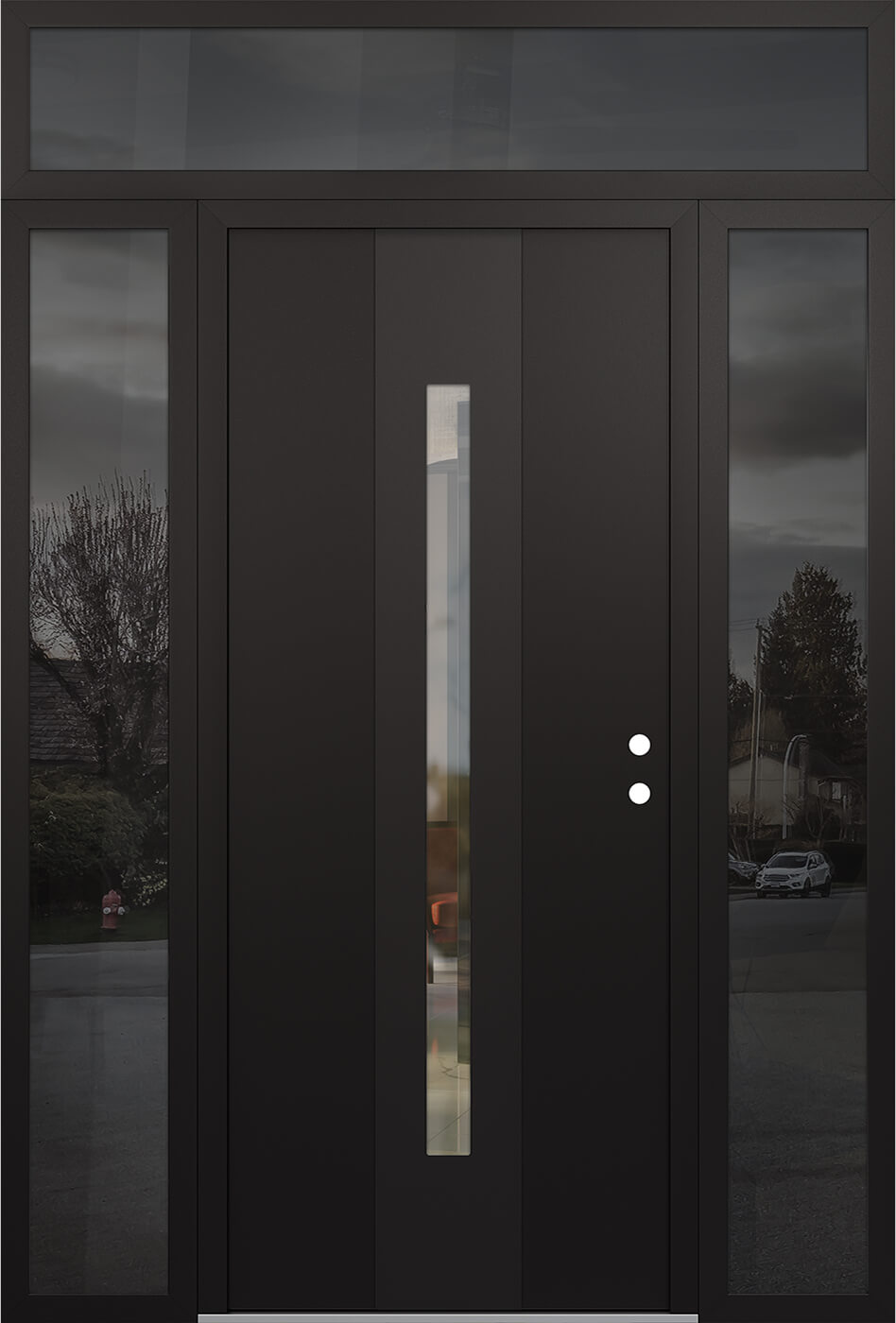 Modern Steel Front Door DIAMOND A2 64" X 96" BLACK/BLACK CLEAR GLASS PANEL BLACK LHI WITH 2 SIDELITES AND TRANSOM CLEAR GLASS