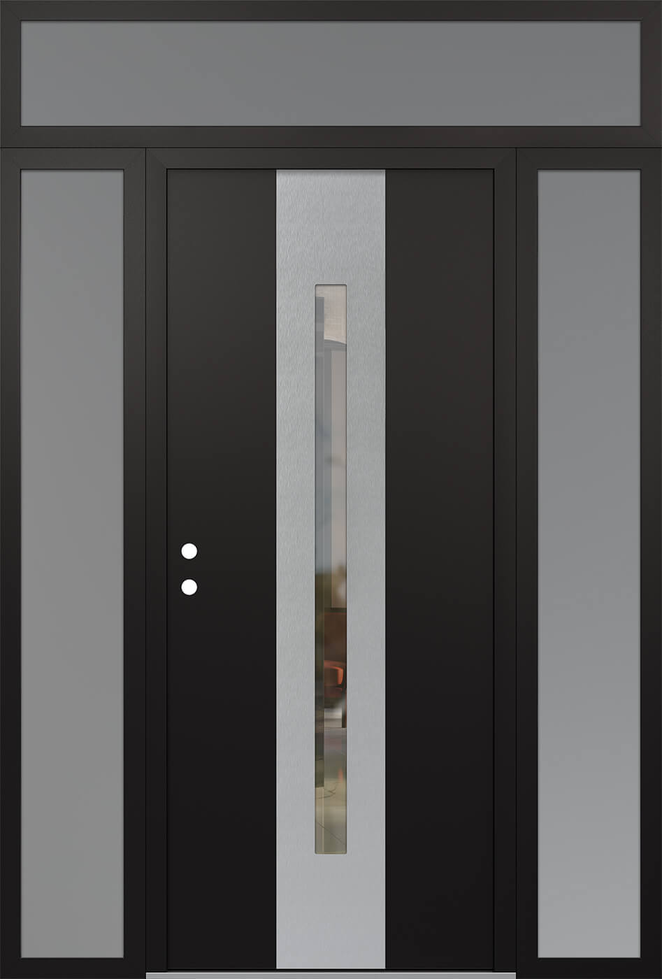 Modern Steel Front Door DIAMOND A2 64" X 96" BLACK/BLACK CLEAR GLASS PANEL STAINLESS STEEL RHI WITH 2 SIDELITES AND TRANSOM CLEAR GLASS
