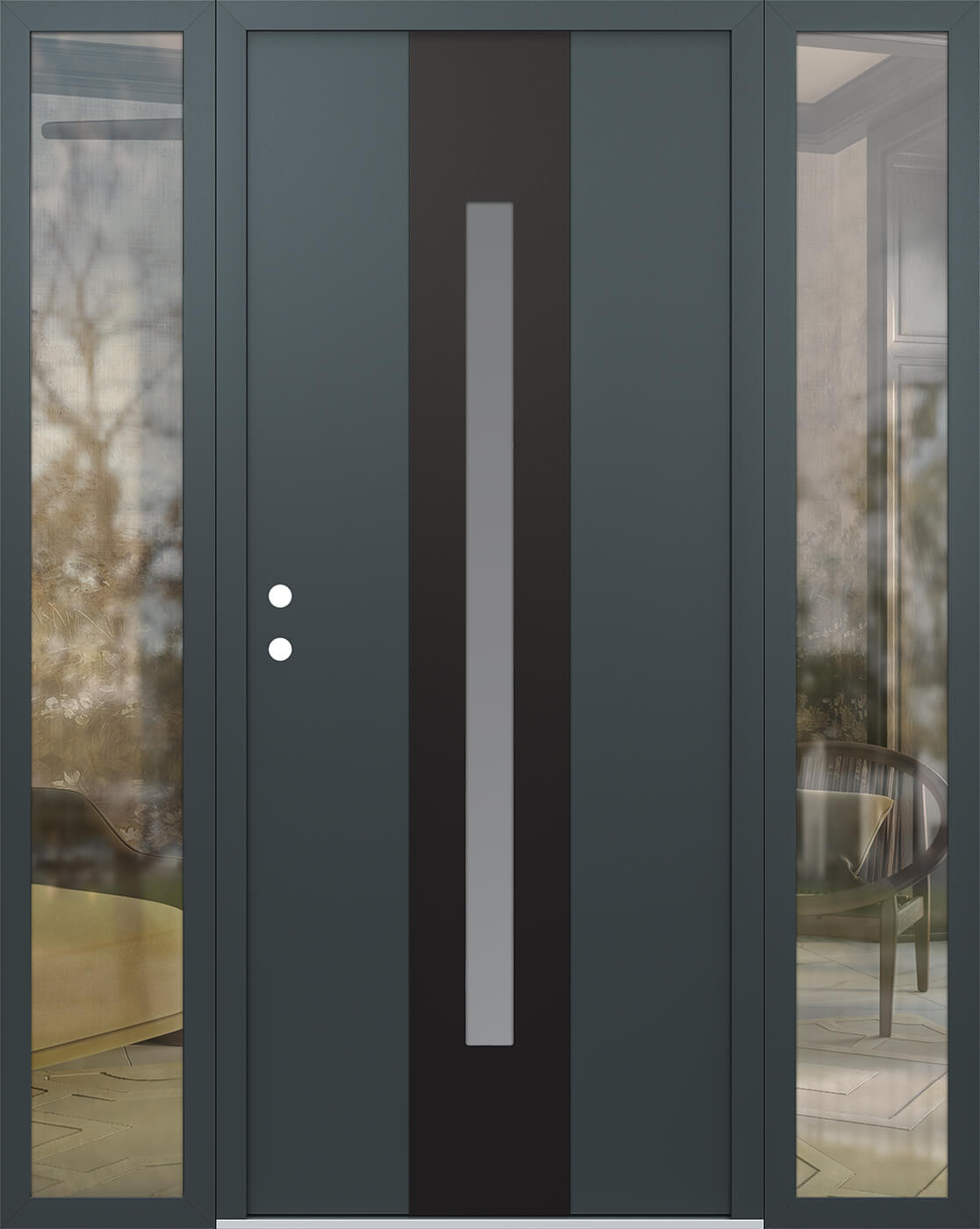 Modern Steel Front Door DIAMOND A2 68" X 80" ANTHRACITE/ANTHRACITE FROSTED GLASS PANEL BLACK RHI WITH 2 SIDELITES FROSTED GLASS