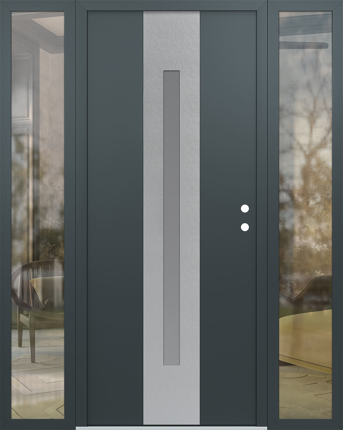 Modern Steel Front Door DIAMOND A2 68" X 80" ANTHRACITE/ANTHRACITE FROSTED GLASS PANEL STAINLESS STEEL RHI WITH 2 SIDELITES CLEAR GLASS