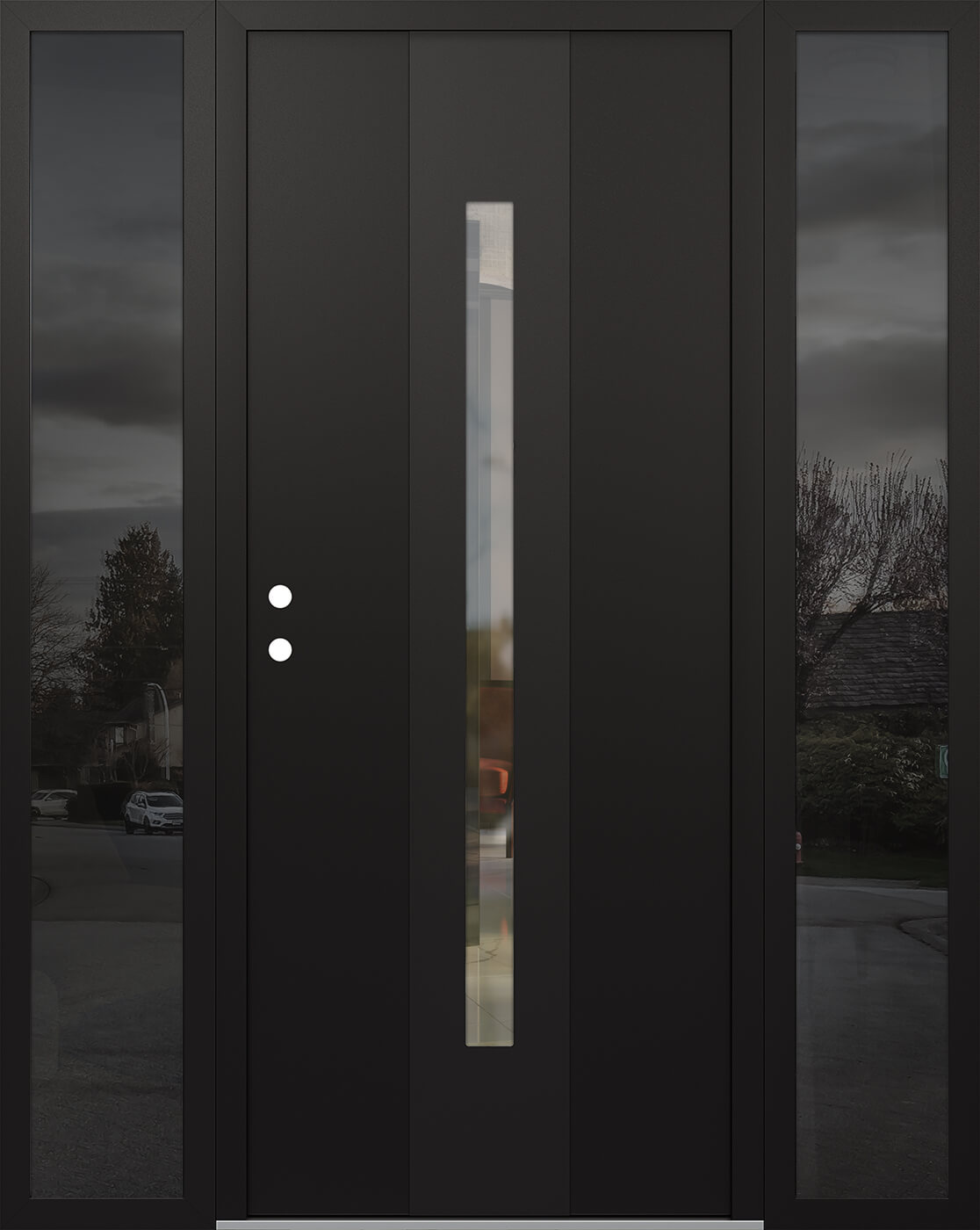 Modern Steel Front Door DIAMOND A2 68" X 80" BLACK/BLACK CLEAR GLASS PANEL BLACK RHI WITH 2 SIDELITES FROSTED GLASS