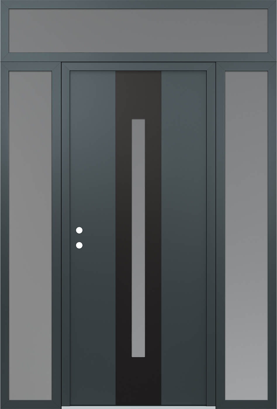 Modern Steel Front Door DIAMOND A2 68" X 96" ANTHRACITE/ANTHRACITE FROSTED GLASS PANEL BLACK RHI WITH 2 SIDELITES AND TRANSOM CLEAR GLASS