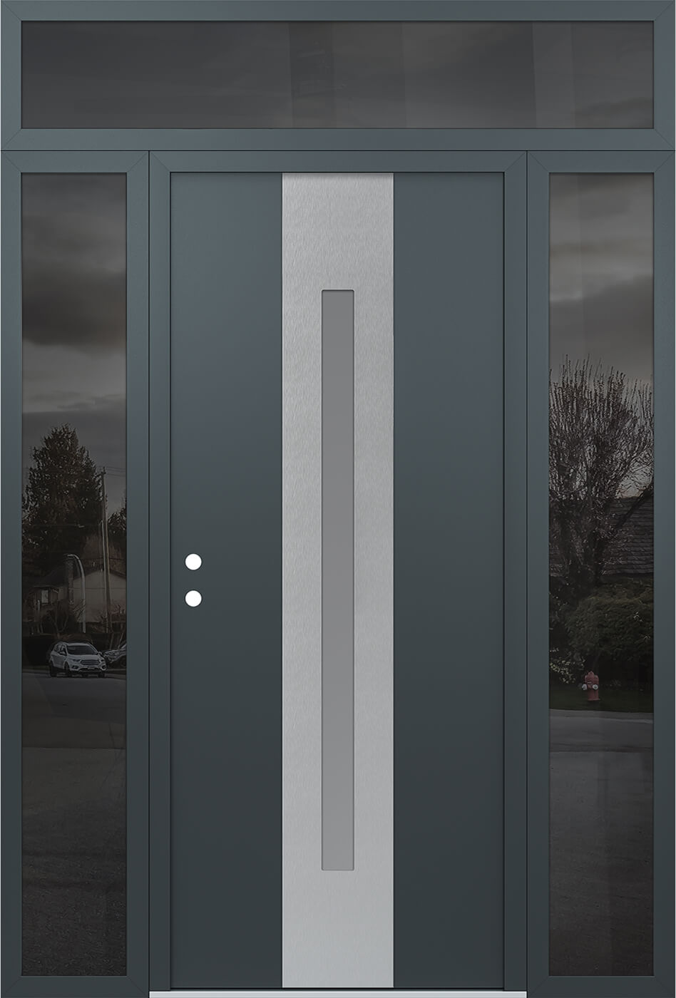 Modern Steel Front Door DIAMOND A2 68" X 96" ANTHRACITE/ANTHRACITE FROSTED GLASS PANEL STAINLESS STEEL LHI WITH 2 SIDELITES AND TRANSOM CLEAR GLASS