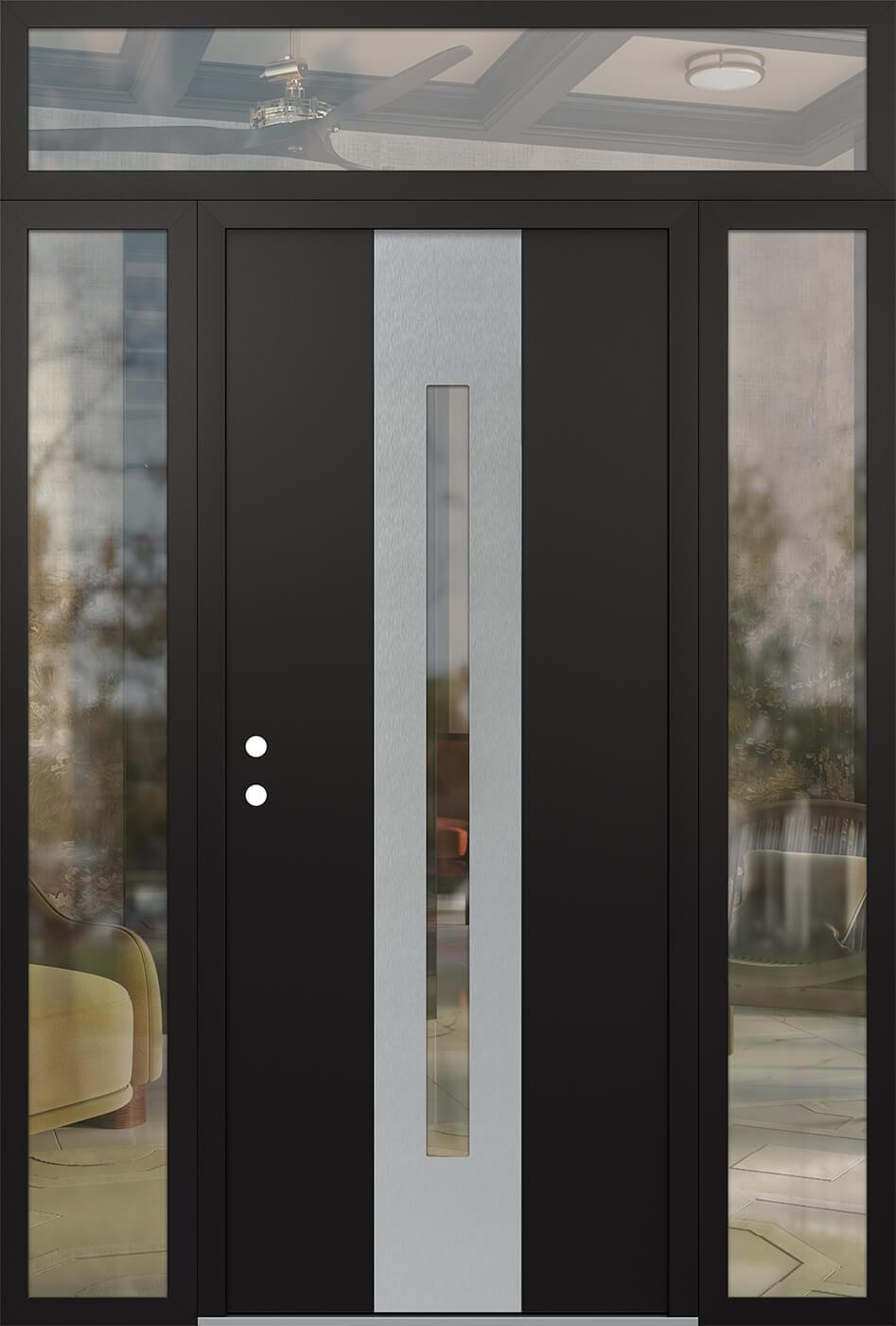 Modern Steel Front Door DIAMOND A2 68" X 96" BLACK/BLACK CLEAR GLASS PANEL STAINLESS STEEL RHI WITH 2 SIDELITES AND TRANSOM MIRRORED GLASS