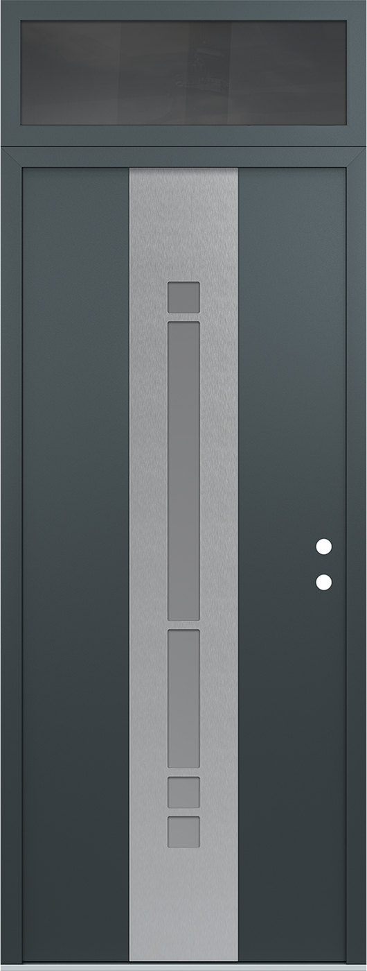 Modern Steel Front Door DIAMOND A3 36" X 96" ANTHRACITE/ANTHRACITE FROSTED GLASS PANEL STAINLESS STEEL RHI WITH TRANSOM FROSTED GLASS