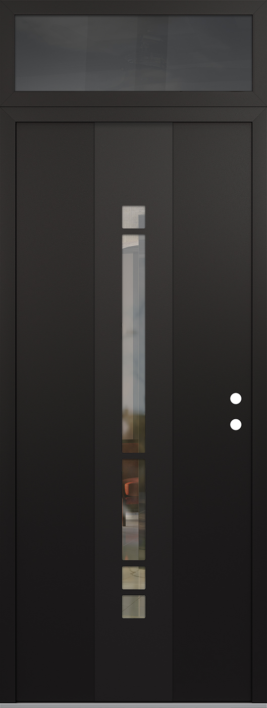 Modern Steel Front Door DIAMOND A3 36" X 96" BLACK/BLACK CLEAR GLASS PANEL BLACK LHI WITH TRANSOM MIRRORED GLASS