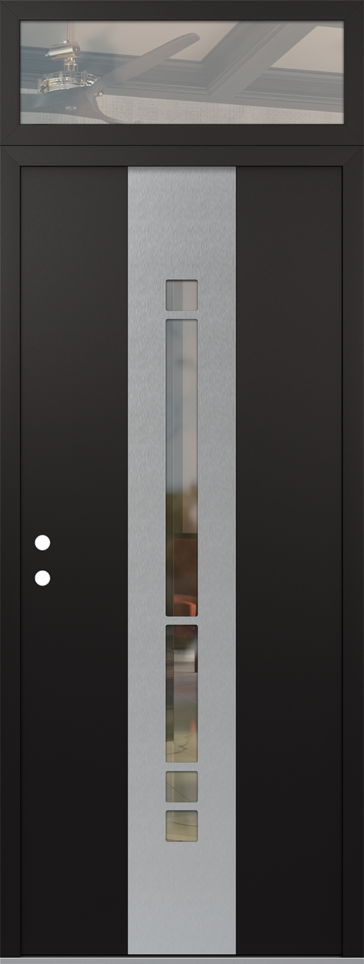 Modern Steel Front Door DIAMOND A3 36" X 96" BLACK/BLACK CLEAR GLASS PANEL STAINLESS STEEL RHI WITH TRANSOM MIRRORED GLASS