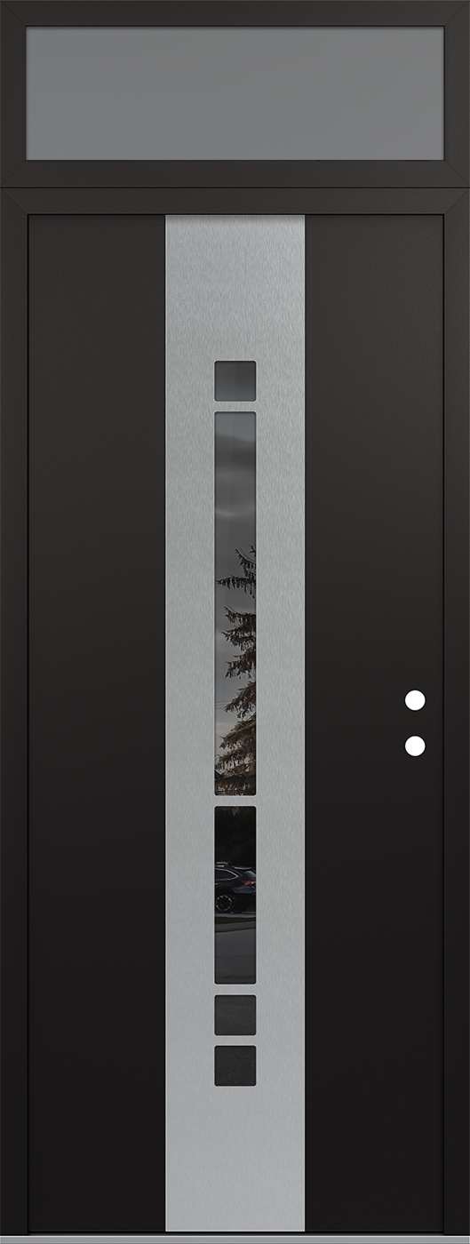 MODERN STEEL FRONT DOOR DIAMOND A3 36" X 96" BLACK/BLACK MIRRORED GLASS PANEL STAINLESS STEEL LHI WITH TRANSOM FROSTED GLASS