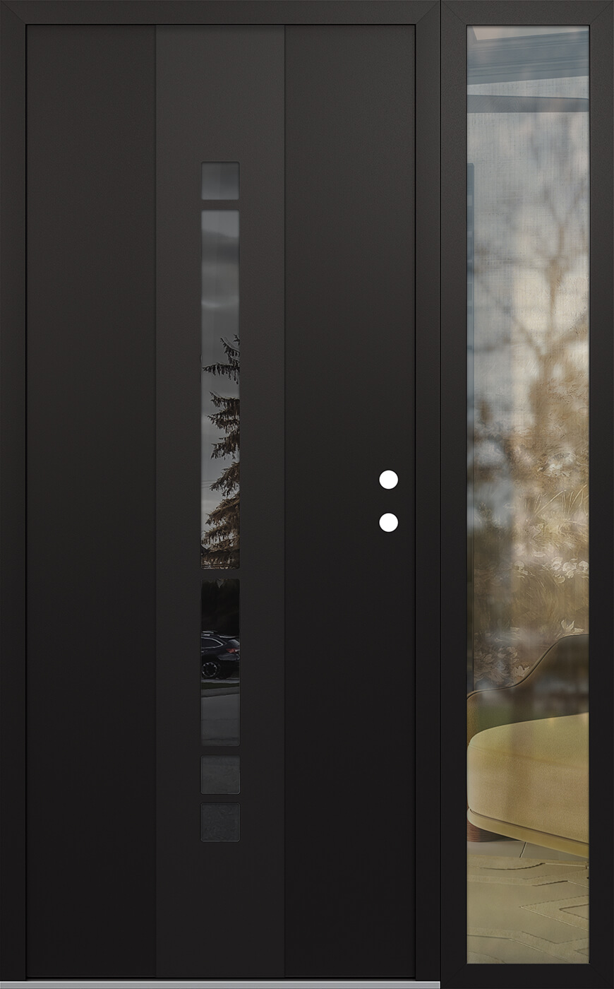MODERN STEEL FRONT DOOR DIAMOND A3 48" X 80" BLACK/BLACK MIRRORED GLASS PANEL BLACK LHI WITH SIDELITE CLEAR GLASS