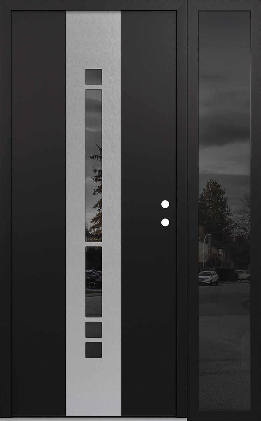MODERN STEEL FRONT DOOR DIAMOND A3 48" X 80" BLACK/BLACK MIRRORED GLASS PANEL STAINLESS STEEL LHI WITH SIDELITE FROSTED GLASS