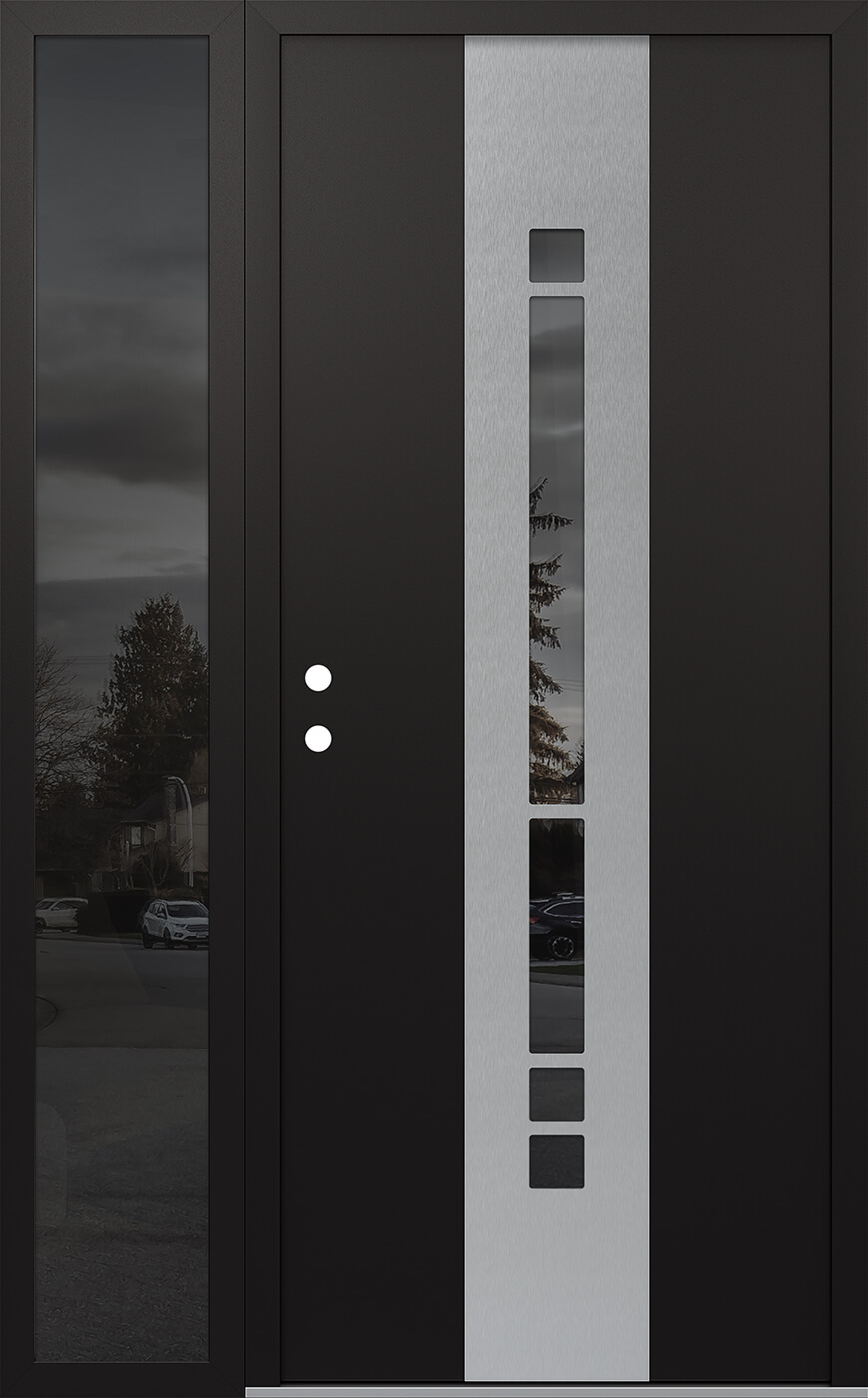 MODERN STEEL FRONT DOOR DIAMOND A3 48" X 80" BLACK/BLACK MIRRORED GLASS PANEL STAINLESS STEEL RHI WITH SIDELITE CLEAR GLASS