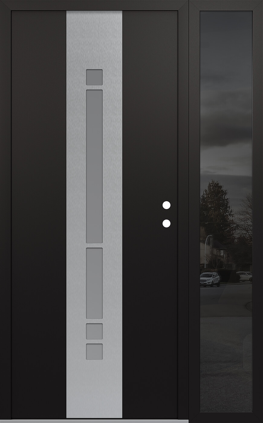 MODERN STEEL FRONT DOOR DIAMOND A3 48" X 80" BLACK/WHITE FROSTED GLASS PANEL STAINLESS STEEL LHI WITH SIDELITE FROSTED GLASS
