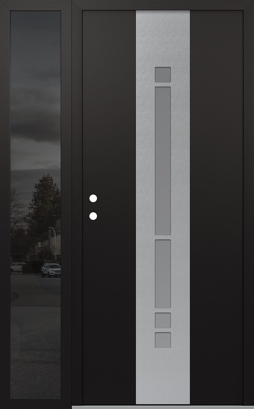 MODERN STEEL FRONT DOOR DIAMOND A3 48" X 80" BLACK/WHITE FROSTED GLASS PANEL STAINLESS STEEL RHI WITH SIDELITE MIRRORED GLASS
