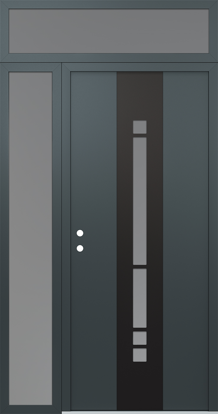 Modern Steel Front Door DIAMOND A3 48" X 96" ANTHRACITE/ANTHRACITE FROSTED GLASS PANEL BLACK RHI WITH SIDELITE AND TRANSOM MIRRORED GLASS