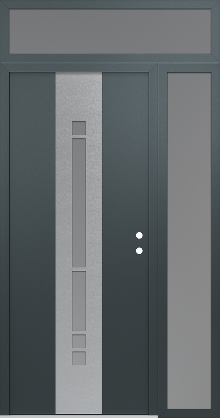 Modern Steel Front Door DIAMOND A3 48" X 96" ANTHRACITE/ANTHRACITE FROSTED GLASS PANEL STAINLESS STEEL LHI WITH SIDELITE AND TRANSOM FROSTED GLASS