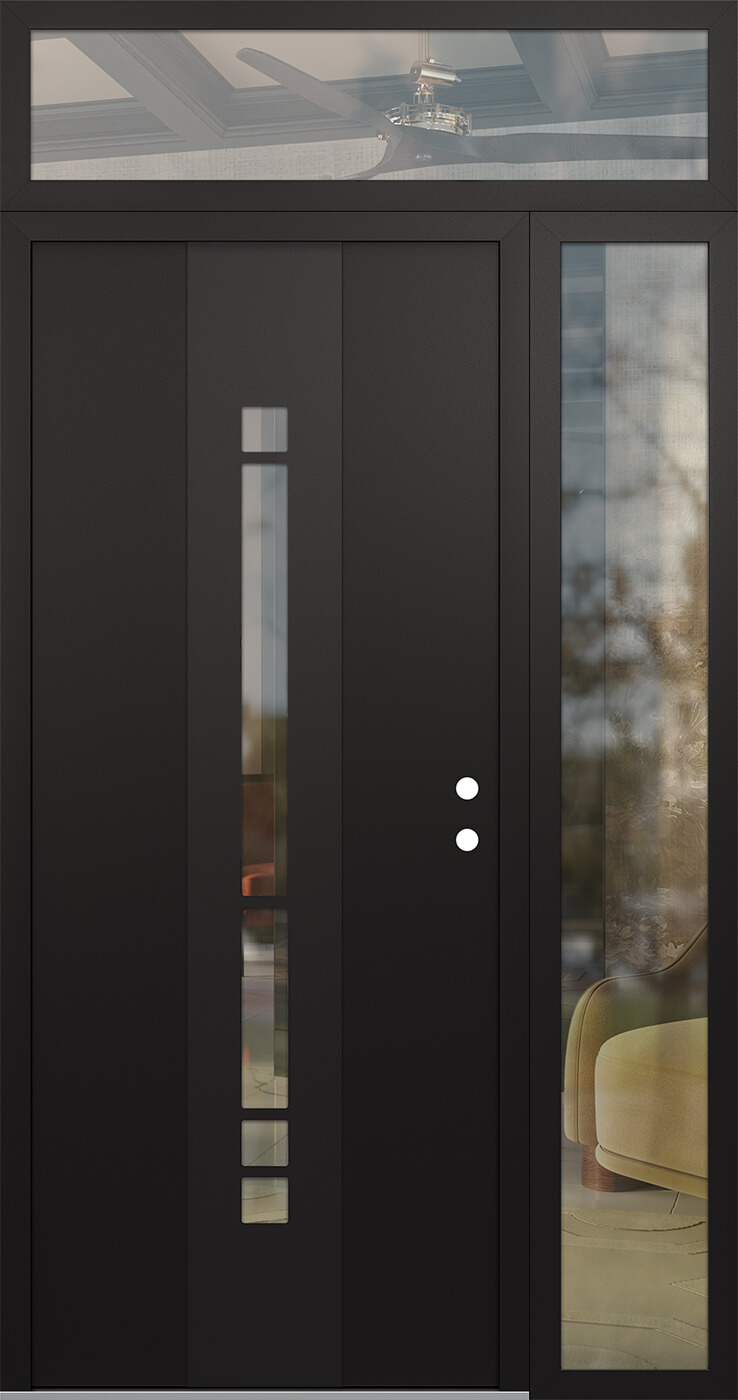 Modern Steel Front Door DIAMOND A3 48" X 96" BLACK/BLACK CLEAR GLASS PANEL BLACK LHI WITH SIDELITE AND TRANSOM MIRRORED GLASS