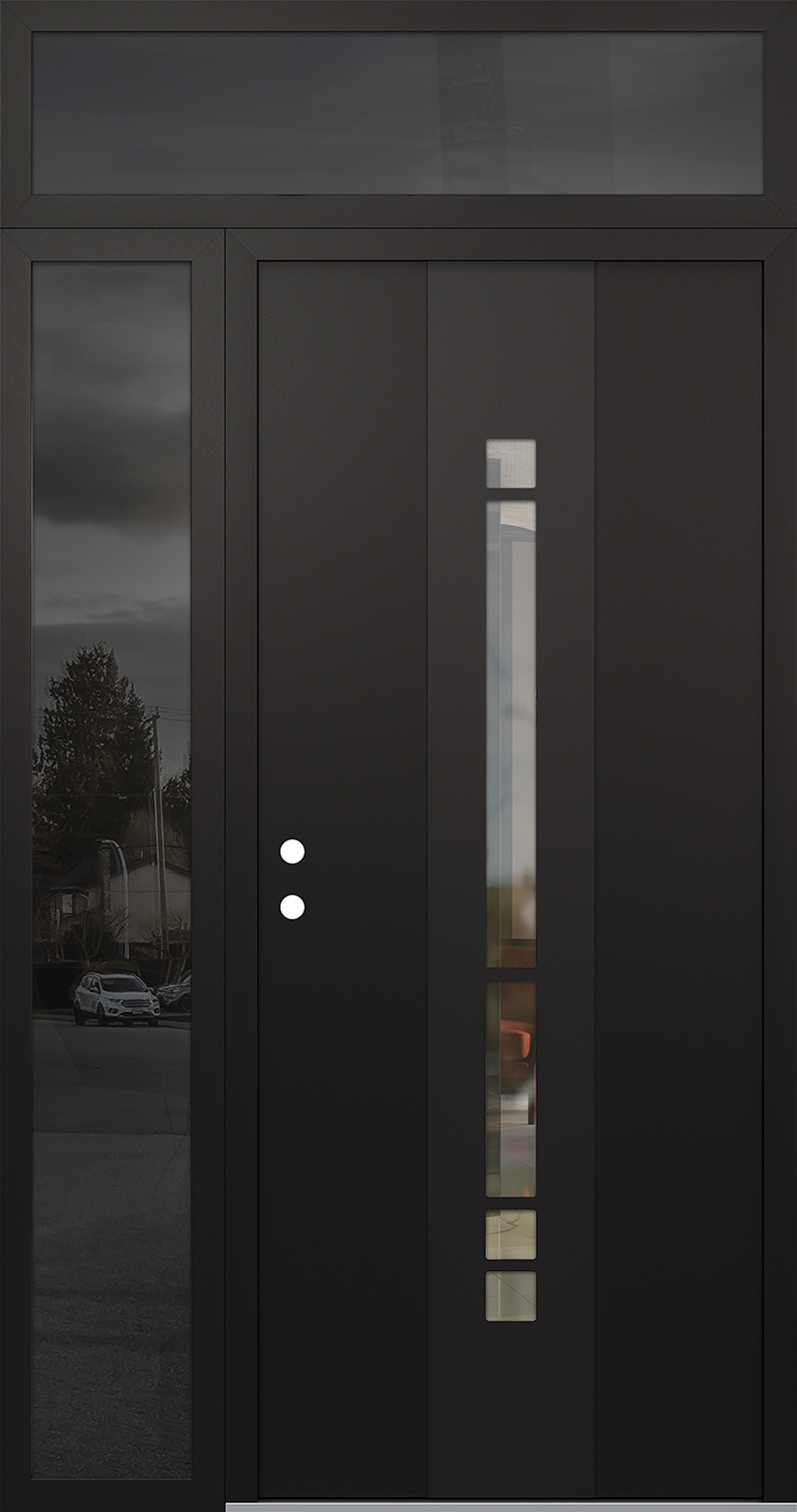 Modern Steel Front Door DIAMOND A3 48" X 96" BLACK/BLACK CLEAR GLASS PANEL BLACK RHI WITH SIDELITE AND TRANSOM CLEAR GLASS