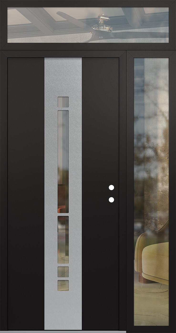 Modern Steel Front Door DIAMOND A3 48" X 96" BLACK/BLACK CLEAR GLASS PANEL STAINLESS STEEL LHI WITH SIDELITE AND TRANSOM CLEAR GLASS